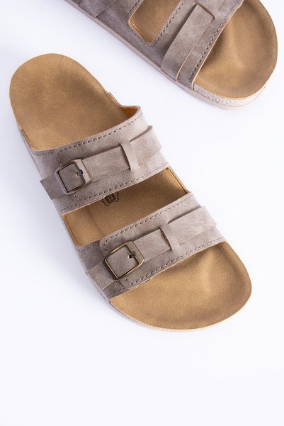 Polomia Comfort Women's Suede Look Double-Strapped Buckle Anatomical Sole Slippers