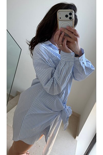 ALUXERA Studio Store Rochie cămașă oversized, 100% bumbac, cu dungi bleu și talie reglabilă.