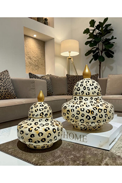 VERA HOME DECOR Luıse, Seramik El boyaması Leopar Desenli Dekoratif Obje Vazo