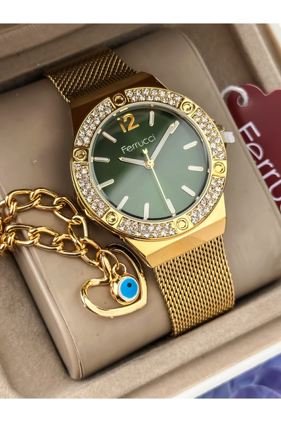 Ferrucci Yellow Wicker Steel Cord, Green Dial Stylish Boxed Women's Wristwatc...