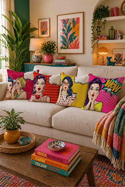 LadiesHome Pop Art Temalı Rengarenk Dekoratif Çift Taraflı Baskı 4’lü Kırlent...