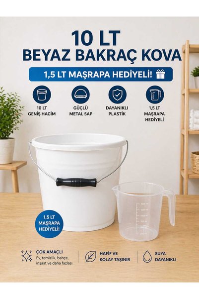 biedda 10 LT Beyaz Bakraç Kova Metal Saplı Plastik Kova 1,5 LT Maşrapa Hediyeli