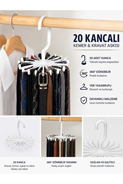 Kinlee 2’li Döner Kravat ve Kemer Askısı 20 Kancalı 360° Organizer Askı Beyaz