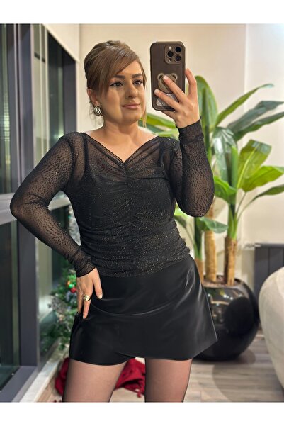 MELTEM TUĞAN V Yaka Önden Büzgülü Taşlıi Bluz SİYAH