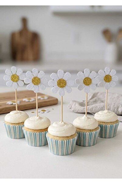 HediyeBigi Papatya Beyaz Renk Simli Cupcake Kürdanı Doğum günü parti ve pasta...