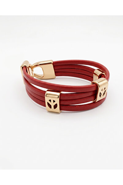 Taşhan Çarşı Deri Unisex Üçlü Sıra Bileklik - Canlı Kırmızı Rose Gold Barış S...