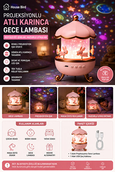House Bird Projeksiyonlu Atlı Karınca Gece Lambası Dönen Masa Lambası Çocuk O...