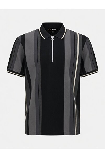 no4 style Men's Zippered Polo Collar Striped Summer T-Shirt