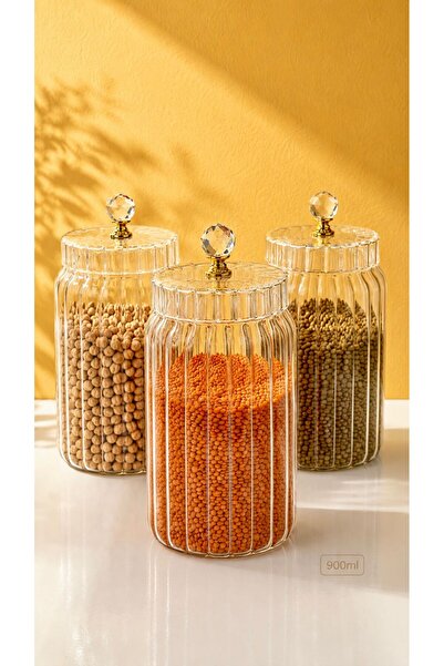 Maloria Glass Legume Storage Jar with Crystal Lid |   3 Pieces - 900 ml