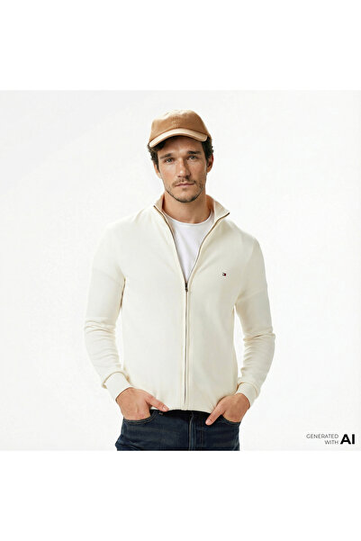 Tommy Hilfiger Essential Zip Erkek Triko Krem Hırka