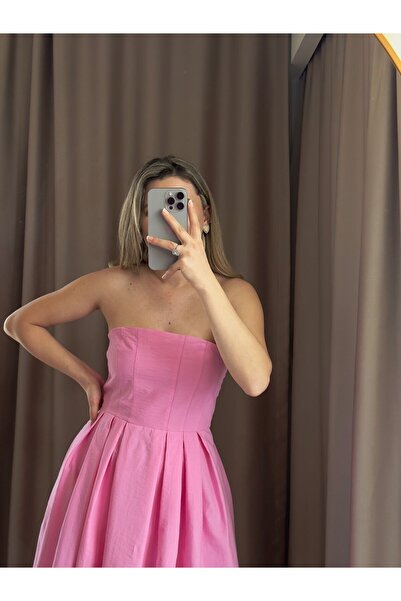 AlisBoutique Straplez Pile Detaylı Uzun Elbise