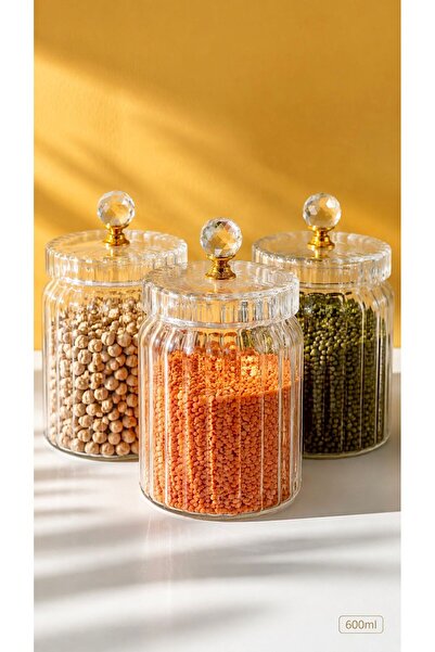 Maloria Glass Legume Storage Jar with Crystal Lid |   3 Pieces - 600 ml