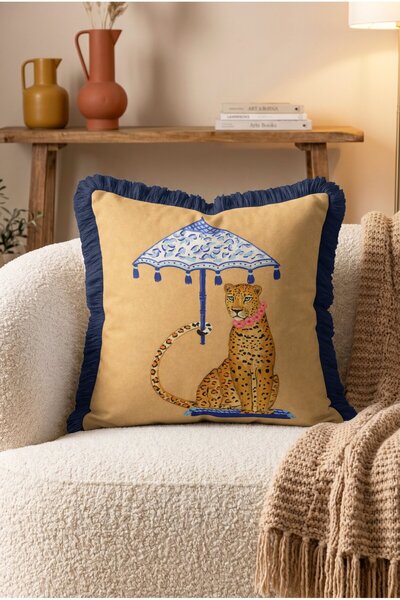 IdeCraft Leopard Motif Fringed Throw Pillow Cover with Gold Background - Navy...