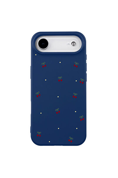 Casen iPhone 17 Air Lacivert Lansman Renkli Silikon Kiraz ve Çiçek Desenli Ka...