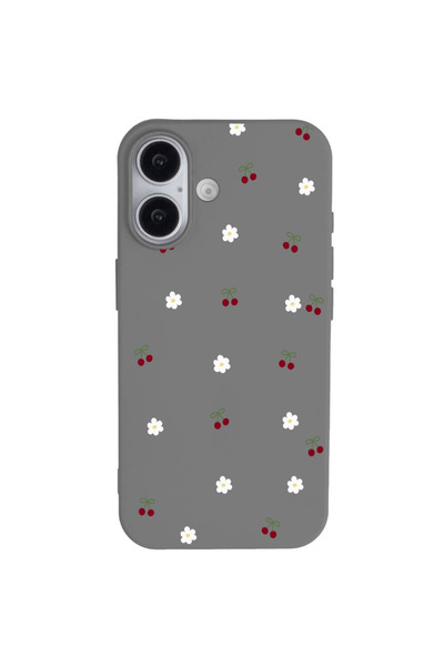 Casen iPhone 17 Gri Lansman Renkli Silikon Kiraz ve Çiçek Desenli Kamera Koru...