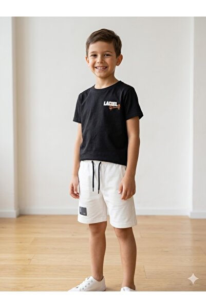 Motebarn Wear Boy's Black-White Contrast Color Laciel Written Shorts Set