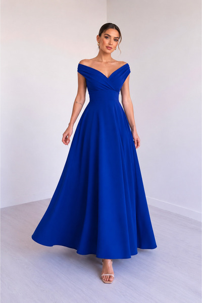 DRESSIFY WOMEN’S FASHION Дамска дълга крепова рокля с яка, с голи рамене, дву...