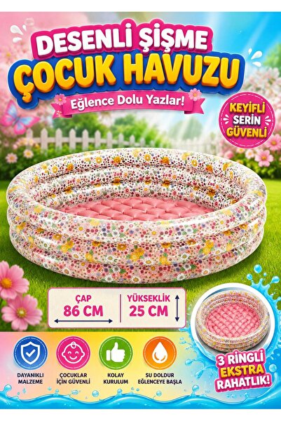 SAZE 86x25 cm Desenli Şişme Çocuk Havuzu 3 Boğumlu Yazlık Oyun Havuzu Bebek H...