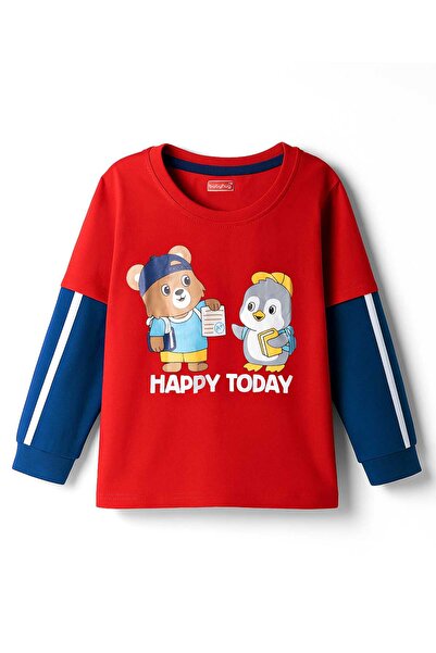 Babyhug قميص قطني محبوك بأكمام طويلة مع طباعة حيوانية - أحمر وأزرق بحري
