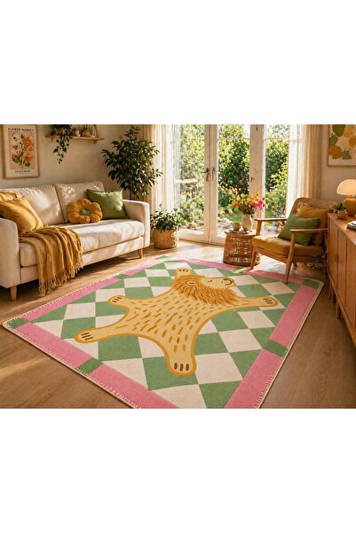 Rugs Modern Halı Sevimli Aslan Figürlü Baklava Desenli Pembe Bordürlü Yeşil K...