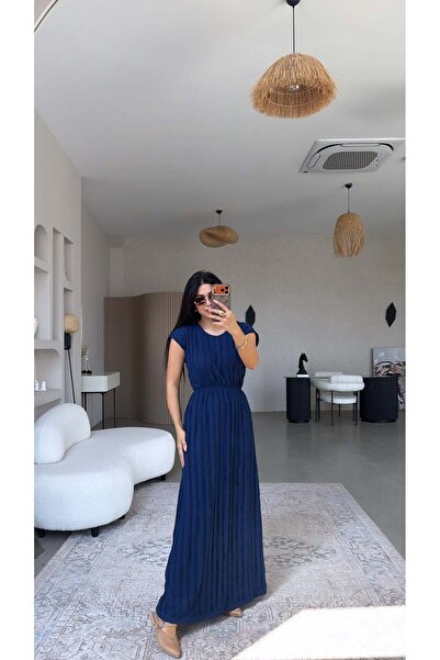 Buket Teke Lacivert Kendinden Çizgi Dokulu Beli Lastikli Maxi Bürümcük Elbise