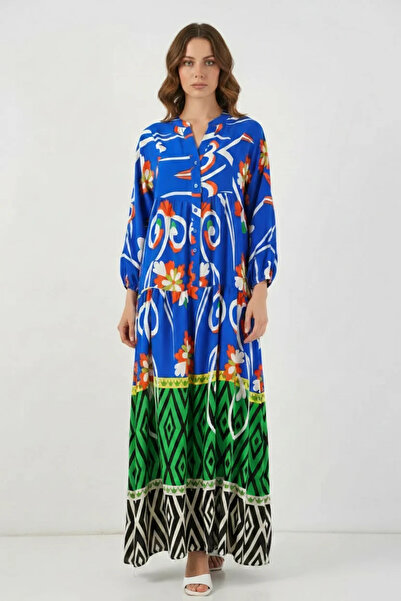 buğrahayalin Women's Shirt Collar, Gathered Waist, Floral Patterned Viscose O...