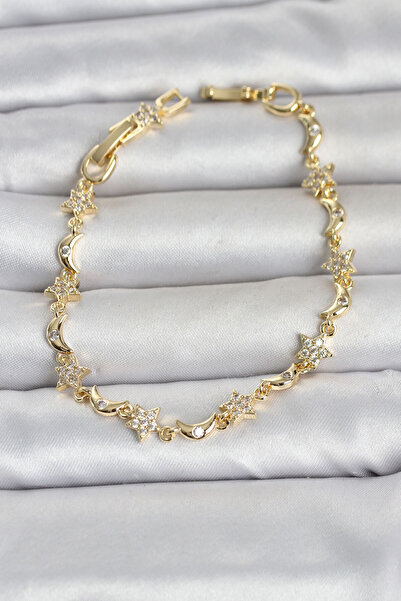 Lisinya Brass Gold Color Zircon Stone Moon and Star Model Women's Bracelet -