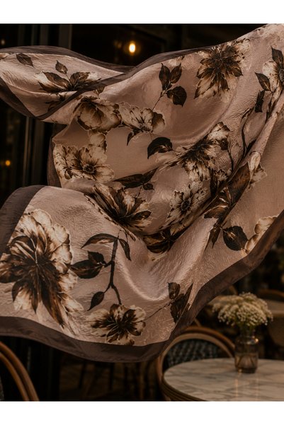 Êtoile Madame Polo Light Brown Color Floral Patterned Bamboo Cashmere Shawl Delicate Series