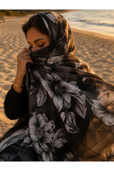 Êtoile Madame Polo Black and White Color Floral Patterned Bamboo Cashmere Shawl Delicate Series
