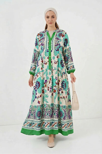 buğrahayalin Women's High Collar Gathered Waist Floral Patterned Viscose Gree...