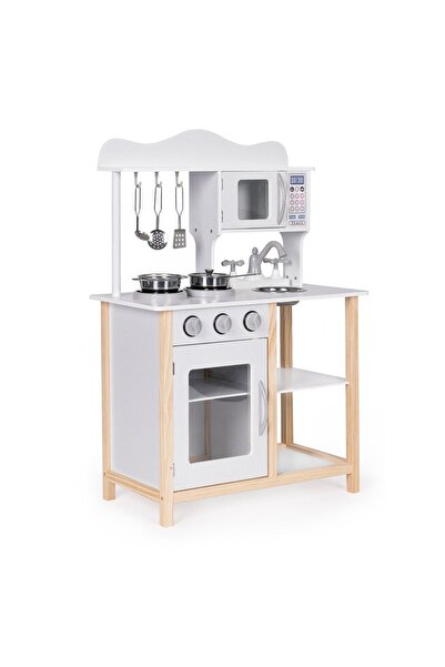 Ecotoys Bucătărie pentru copii, din lemn, cuptor și accesorii, alb KID012824