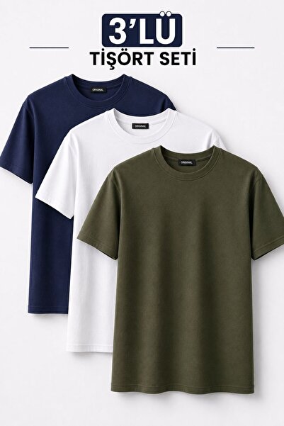 TRYK T-Shirt Basic 3-Piece Set Green White Navy Blue 100% Cotton Regular Fit ...