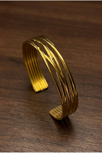 Velcari Women's Multi-Line Grooved Textured Gold Color Adjustable Wide Bracelet