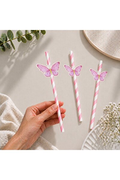 Partiden Pembe Kelebek Fiğürlü Kağıt Pipet 10 Adet