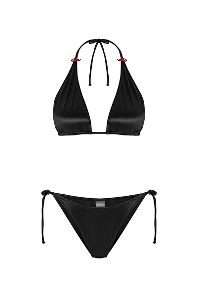 TIME MUSE ROSE Mini Gül Detaylı Siyah Uzun Üçgen Bikini Takım