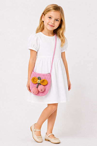 MakeWell Girl's Straw Shoulder Bag Pink Flower Detailed Knitted Cross Strap M...