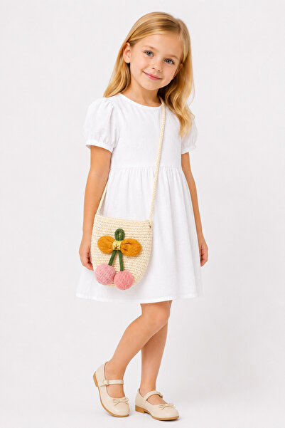 MakeWell Girl's Straw Shoulder Bag Pink Flower Detailed Knitted Cross Strap M...