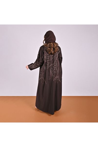 HAWRAA ABAYA Brown Colored Pleated Abaya with Stylish Detailing in Embroidery and Scattered Sequins All over the Abaya.