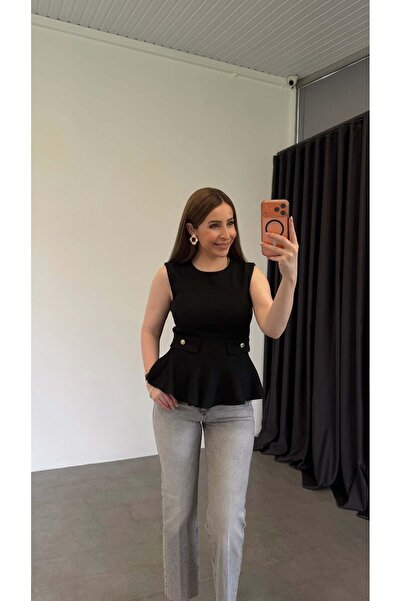 elif teke Çelik Doku Volanlı Bluz Siyah