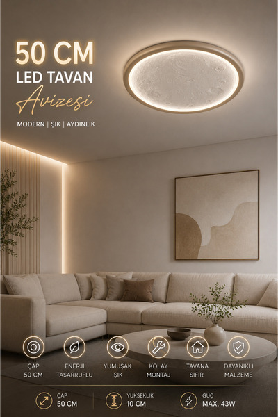 Elvora Home Ay Desenli (PREMİUM) LED Tavan Avizesi Beyaz Salon Oturma Odası P...