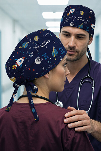 Lion Üniforma Uzay Gezegen Desenli Unisex Cerrahi Bone Hemşire ve Doktor Bone