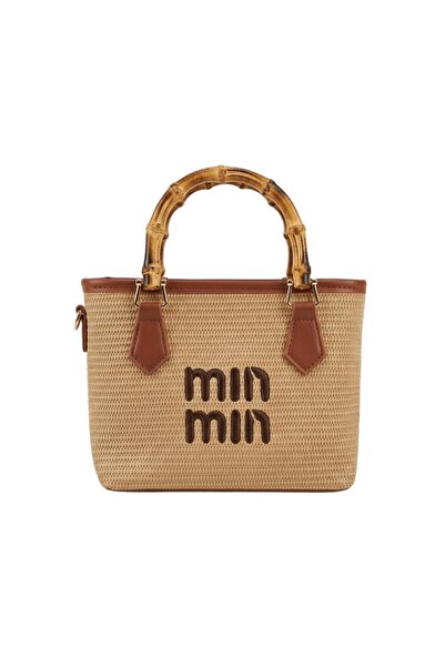 MİN & MİND Natural Straw Beach Bag - Stylish Summer Tote with Bamboo Wood Handle
