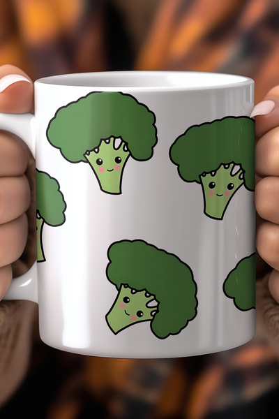 Mio Life 330ml Printed White Ceramic Mug Cup with Cute Broccoli Pattern