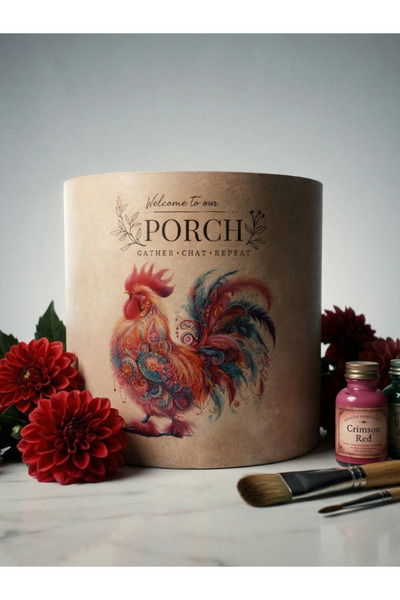 El Yapımı Modern Taş Tozu 19x20 cm Saksı - Renkli Horoz Desenli Dekoratif Drenajlı Çiçeklik