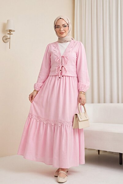 Modamorfo Linen Suit with Tie-Front Lace Detail and Lined Skirt - Pink