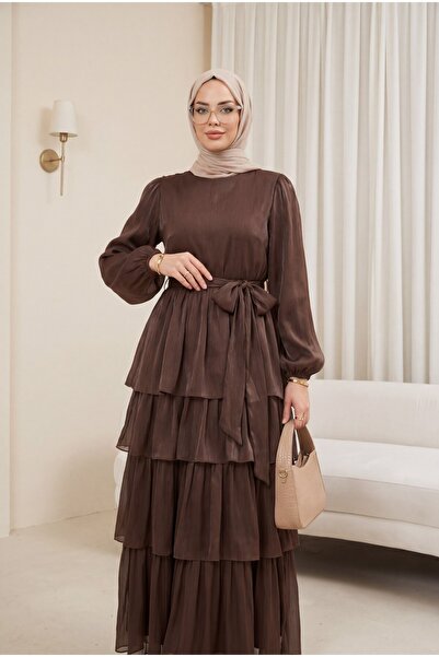 Modamorfo Elastic Sleeves, Tie-Waist Skirt, Layered Janjan Chiffon Dress -Brown