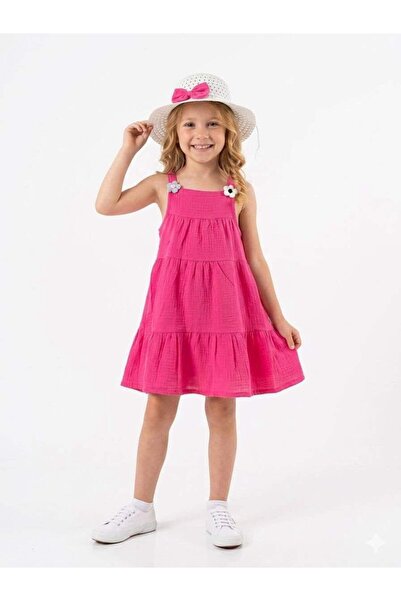 Kuzucuk Kids Bebek Çocuk Butik Kız Çocuk yazlık Müslin Pembe Elbise