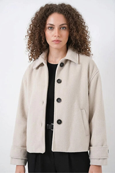 buğrahayalin Women's Double-Breasted Cotton Ecru Jacket with Pocket Detail