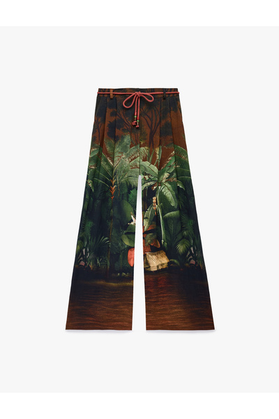 Koton Viscose Fabric Pocketed Pleated Wide-Leg Trousers with Tropical Landsca...