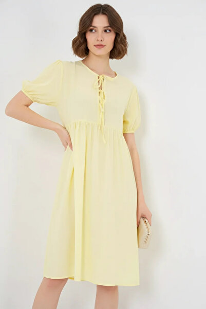 buğrahayalin Women's Round Neck Gathered Waist Short Sleeve Viscose Yellow Dress